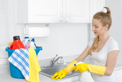 Carpet cleaning equipment in use with attention to hygiene and safety