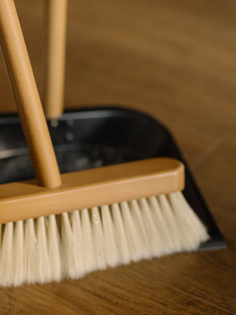 Close-up of a broom with a wooden handle and beige bristles, positioned inside a black dustpan on a wooden floor. The background shows a wooden surface, possibly a table or floor, with natural lightin
